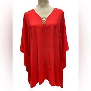 Michael Kors Kimono Style Tunic Top 2X Red Flowy Elegant Ring Detail Vacation